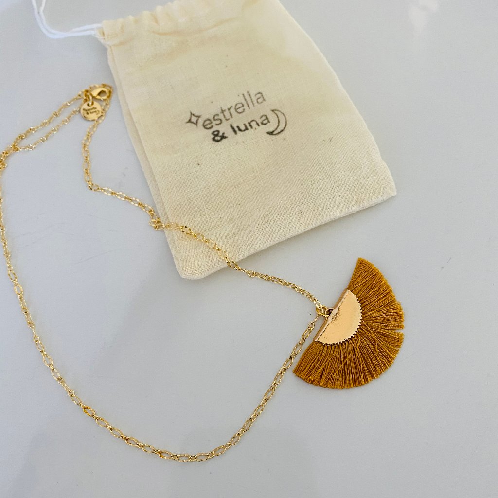 Silk Fan Tassel 22k Gold Boho Necklace